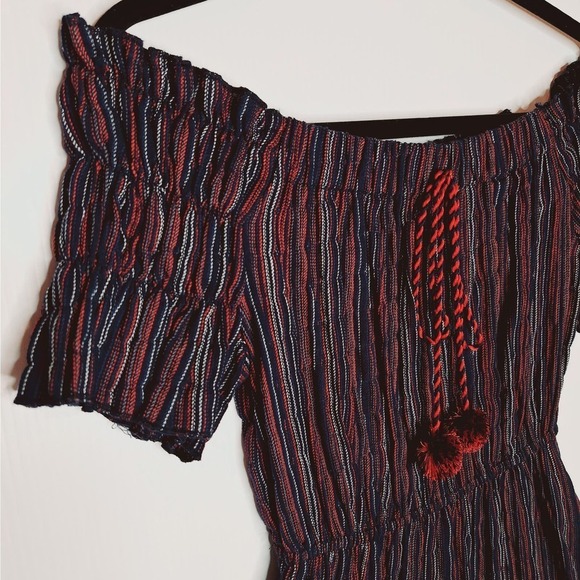Moon River Smocked Tiered Off Shoulder Mini Dress XS Peasant Red White Blue Boho - Picture 5 of 11